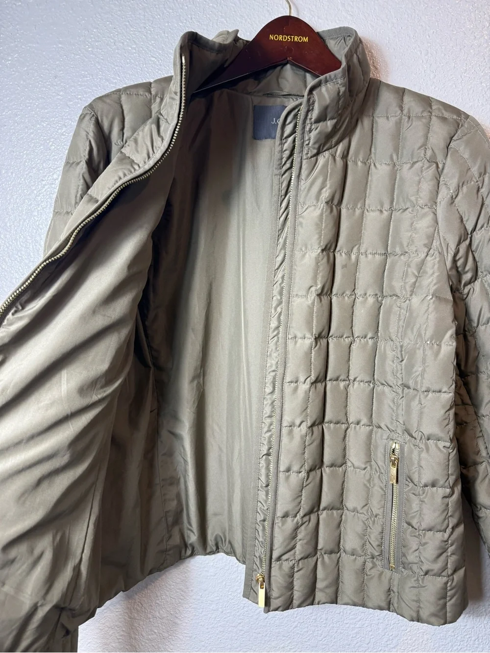 J.Crew Quilted Down Puffer Jacket Olive Green Stand Collar Zip Coat L Style 9732